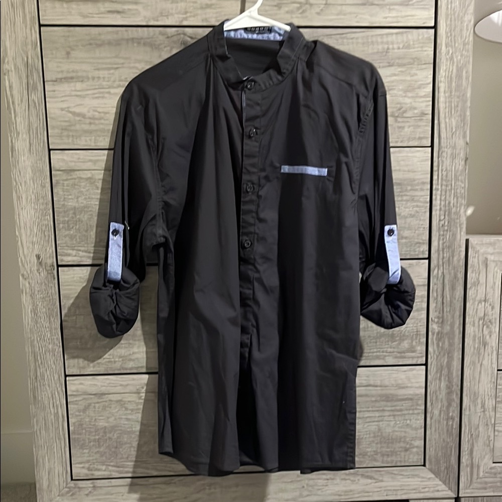 Black Button-Up Shirt with Blue Accents